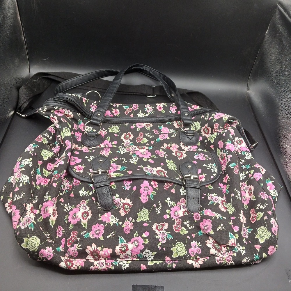 90s Y2K Candies Canvas Overnight Weekender Tote Zipper Pink Floral over Black
